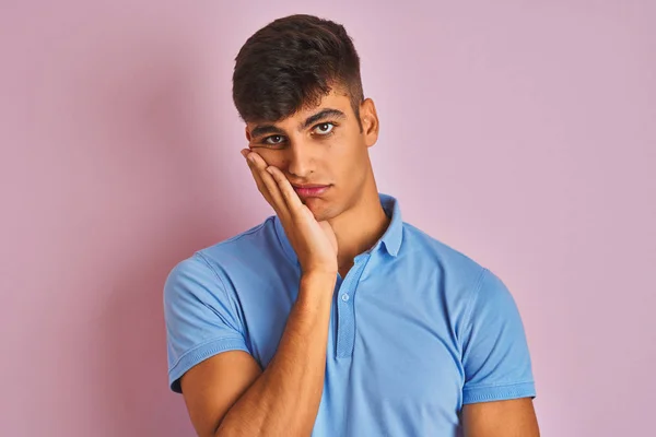 Young Indian Man Wearing Blue Polo Standing Isolated Pink Background — Stock Photo, Image