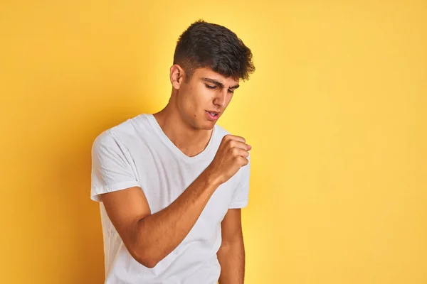 Young Indian Man Wearing White Shirt Standing Isolated Yellow Background — Stock Photo, Image