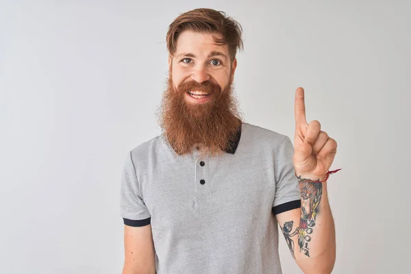 Jonge Redhead Ierse Man Dragen Grijze Polo Staande Geïsoleerde Witte — Stockfoto