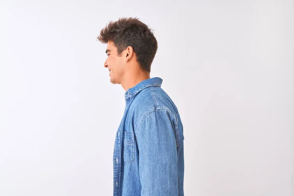 Joven Hombre Guapo Con Camiseta Rayas Camisa Mezclilla Sobre Fondo —  Fotos de Stock