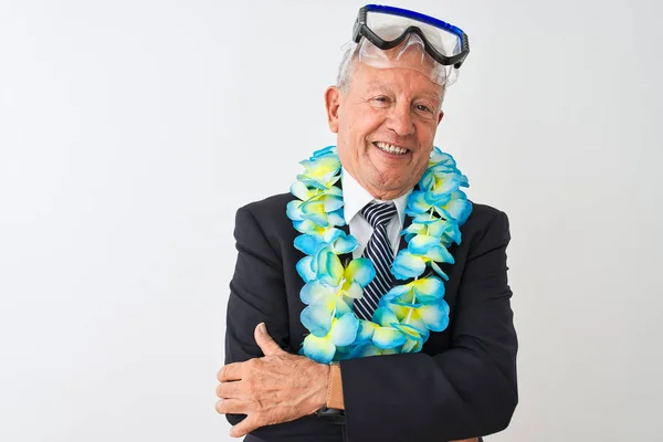 Senior Businessman Wearing Suit Hawaiian Lei Diving Goggles Isolated White — Stock Photo, Image