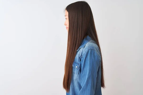 Young Chinese Woman Wearing Denim Shirt Standing Isolated White Background — Stock Photo, Image