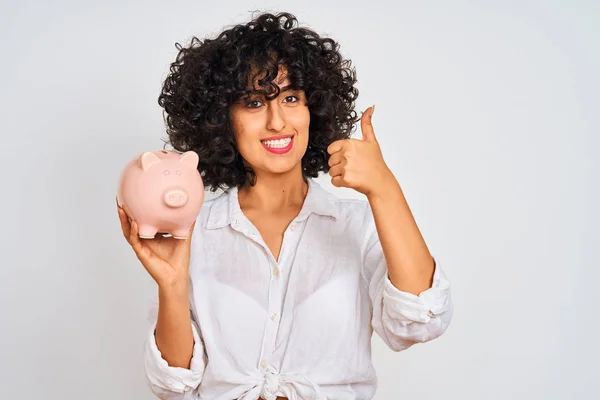 Young Arab Woman Curly Hair Holding Piggy Bank Isolated White — Stock Photo, Image