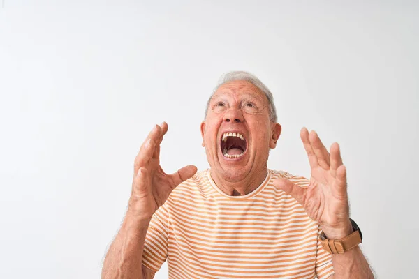 Ein Älterer Grauhaariger Mann Mit Gestreiftem Shirt Steht Vor Isoliertem — Stockfoto