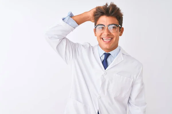 Young Handsome Sciencist Man Wearing Glasses Coat Isolated White Background — Stock Photo, Image