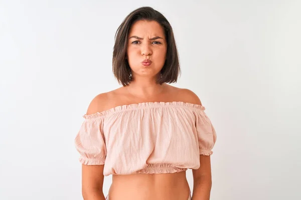 Jonge Mooie Vrouw Het Dragen Van Casual Shirt Staande Geïsoleerde — Stockfoto