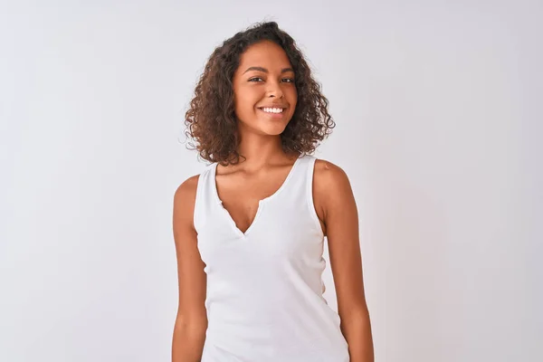 Jonge Braziliaanse Vrouw Dragen Casual Shirt Staande Geïsoleerde Witte Achtergrond — Stockfoto