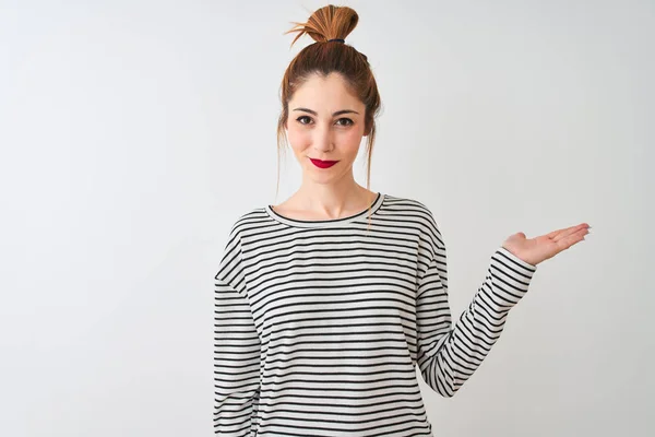 Redhead Woman Wearing Navy Striped Shirt Standing Isolated White Background — Stock Photo, Image