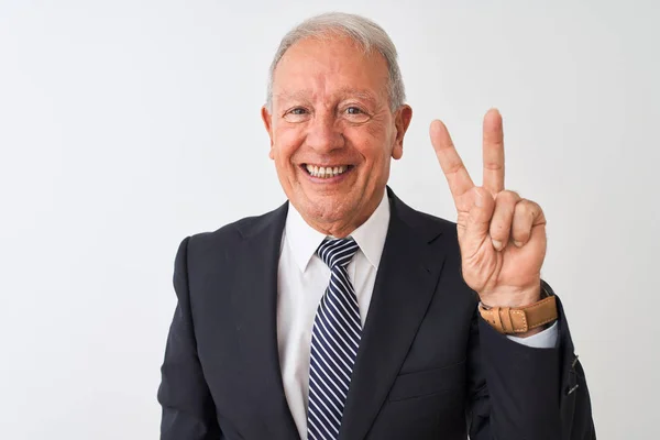 Senior Grauhaarige Geschäftsmann Anzug Steht Über Isolierten Weißen Hintergrund Zeigt — Stockfoto