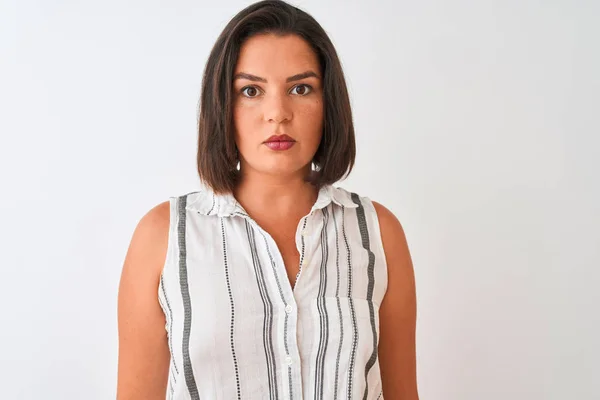 Jonge Mooie Vrouw Het Dragen Van Casual Gestreepte Shirt Staande — Stockfoto