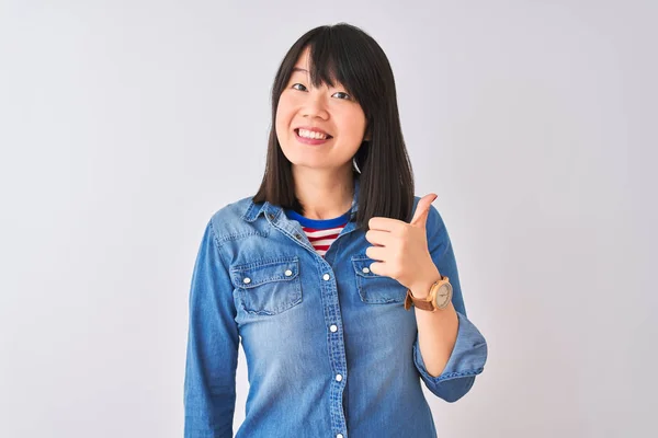 Young Beautiful Chinese Woman Wearing Denim Shirt Isolated White Background — Stock Photo, Image