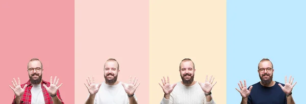拼贴的年轻人与胡须在五颜六色的条纹孤立的背景显示和指向手指数字十 同时微笑自信和快乐 — 图库照片