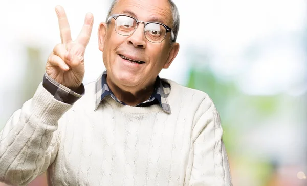 Gutaussehender Älterer Herr Mit Brille Und Winterpullover Lächelt Mit Glücklichem — Stockfoto