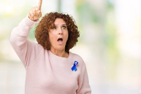 Middle Ager Senior Woman Wearing Changeable Blue Color Ribbon Awareness — Stock Photo, Image