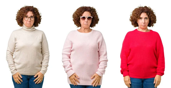 Collage Einer Seniorin Mittleren Alters Die Einen Winterpullover Über Weißem — Stockfoto