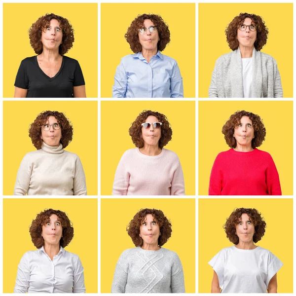 Collage Middle Age Senior Woman Yellow Isolated Background Making Fish — Stock Photo, Image