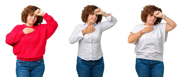 Collage Mujer Mayor Mediana Edad Sobre Fondo Blanco Aislado Tocando — Foto de Stock