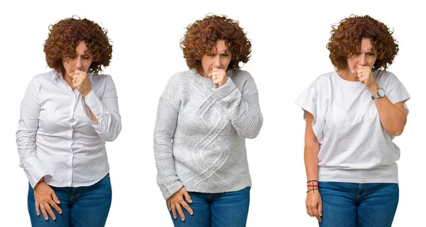 白い孤立した背景に白いTシャツを着た中年の先輩ビジネスウーマンのコラージュが体調を悪くし 風邪や気管支炎の症状として咳をする ヘルスケアの概念 — ストック写真