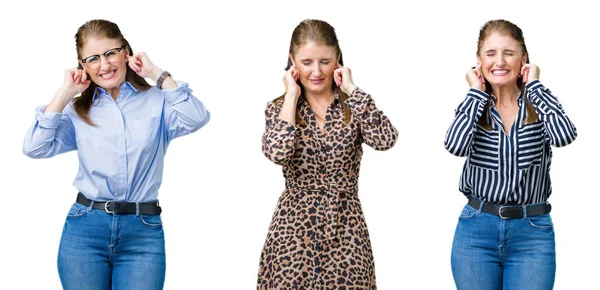 美好的中年妇女拼贴在被隔绝的背景覆盖耳朵用手指与恼火的表示为大声的音乐的噪声 聋哑人的概念 — 图库照片