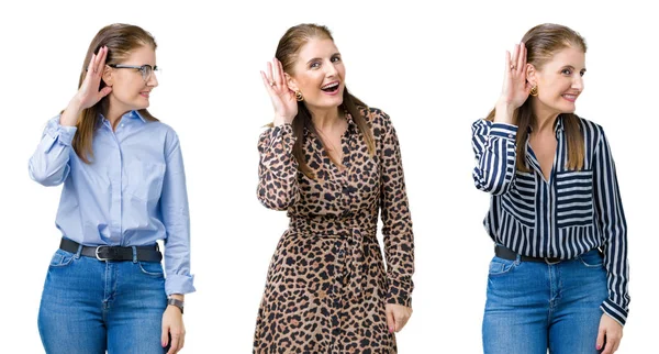 Collage Vackra Medelålders Kvinna Över Isolerade Bakgrund Ler Med Handen — Stockfoto