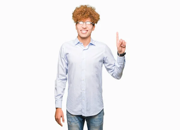 Young Handsome Business Man Afro Wearing Glasses Showing Pointing Finger — Stock Photo, Image