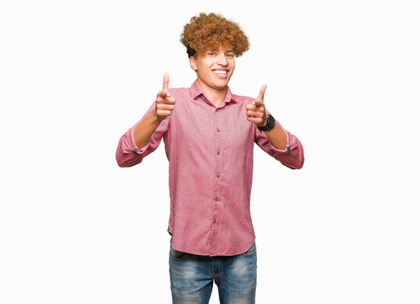 Young Handsome Business Man Afro Hair Pointing Fingers Camera Happy — Stock Photo, Image