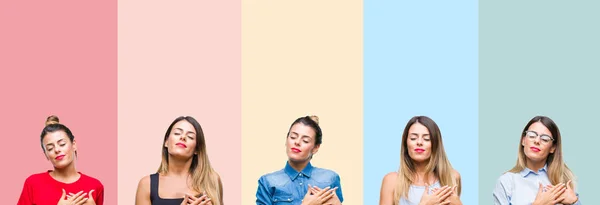 Colagem Jovem Mulher Bonita Sobre Listras Coloridas Fundo Isolado Sorrindo — Fotografia de Stock