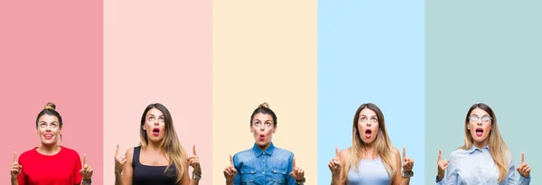 Collage Ung Vacker Kvinna Över Färgglada Ränder Isolerad Bakgrund Förvånad — Stockfoto