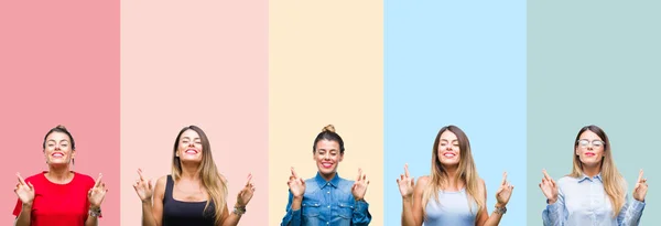 Collage Joven Hermosa Mujer Sobre Rayas Colores Fondo Aislado Sonriendo — Foto de Stock