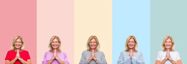 Collage Medelålders Senior Vacker Kvinna Över Färgglada Ränder Isolerad Bakgrund — Stockfoto