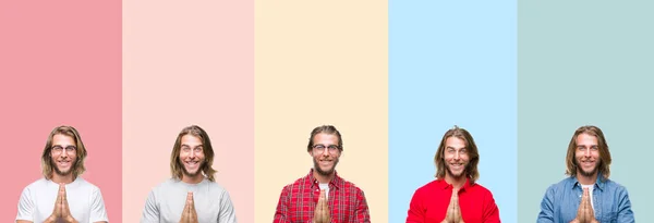 Collage Unga Stilig Man Över Färgglada Ränder Isolerad Bakgrund Med — Stockfoto