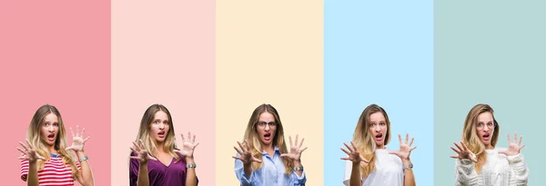 Collage Von Schönen Jungen Frau Über Bunte Streifen Isoliert Hintergrund — Stockfoto