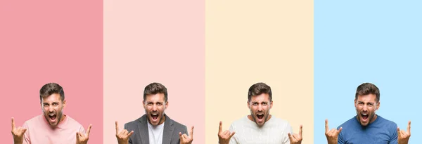Collage Handsome Young Man Colorful Stripes Isolated Background Shouting Crazy — Stock Photo, Image