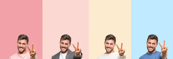 Collage Joven Guapo Sobre Rayas Colores Fondo Aislado Sonriendo Mirando —  Fotos de Stock