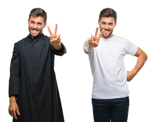 Collage Bel Giovane Uomo Sacerdote Cattolico Sfondo Isolato Sorridente Guardando — Foto Stock