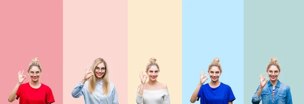 Collage Vackra Blonda Kvinnan Över Färgglada Ränder Isolerad Bakgrund Leende — Stockfoto