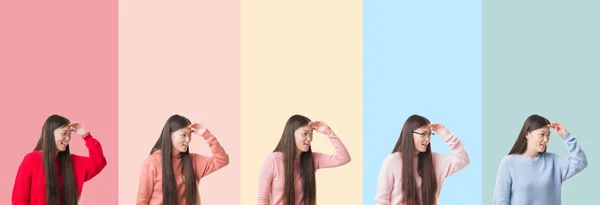 Renkli Çizgiler Üzerinde Güzel Asyalı Kadın Kolaj Çok Mutlu Gülümseyen — Stok fotoğraf