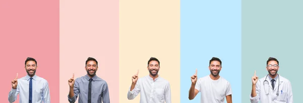 Collage Bell Uomo Strisce Colorate Sfondo Isolato Mostrando Indicando Con — Foto Stock