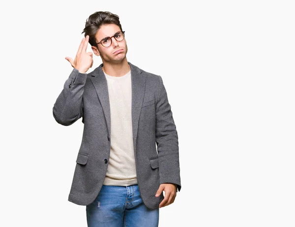 Young Business Man Wearing Glasses Isolated Background Shooting Killing Oneself — Stock Photo, Image