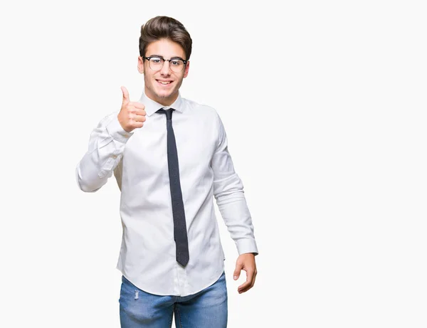 Junger Geschäftsmann Mit Brille Vor Isoliertem Hintergrund Und Glücklichen Daumen — Stockfoto