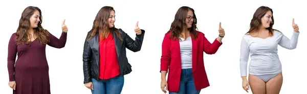 Collage Beautiful Size Woman Isolated Background Looking Proud Smiling Doing — Stock Photo, Image
