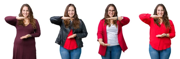 Collage Von Schönen Size Geschäftsfrau Über Isoliertem Hintergrund Gestikulierend Mit — Stockfoto