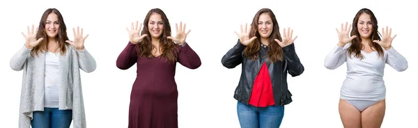 Collage Hermosa Mujer Tamaño Grande Sobre Fondo Aislado Mostrando Apuntando —  Fotos de Stock