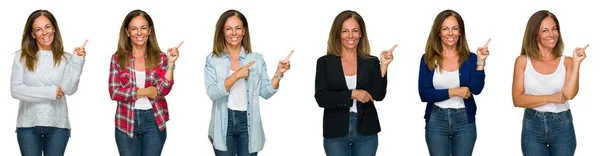 Collage Einer Schönen Frau Mittleren Alters Auf Weißem Hintergrund Mit — Stockfoto
