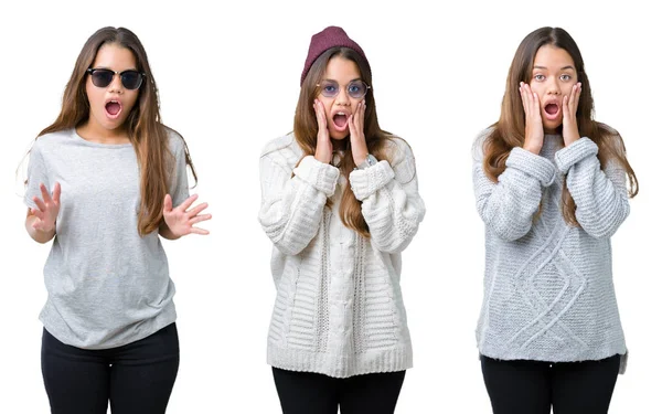 Collage Beautiful Young Woman Isolated Background Afraid Shocked Surprise Expression — Stock Photo, Image