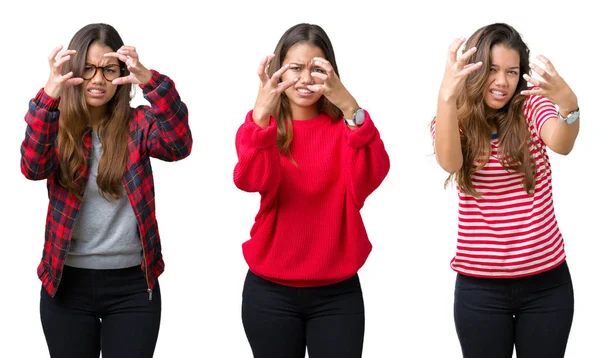 Collage Hermosa Joven Sobre Fondo Aislado Gritando Frustrado Con Rabia —  Fotos de Stock