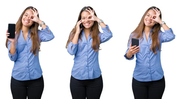 Collage Von Schönen Jungen Geschäftsfrau Mit Smartphone Über Isolierten Hintergrund — Stockfoto