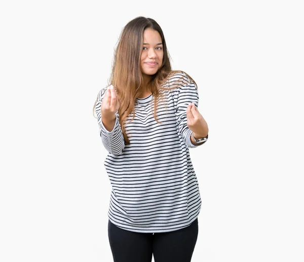 Jonge Mooie Brunette Vrouw Strepen Trui Dragen Geïsoleerde Achtergrond Doen — Stockfoto