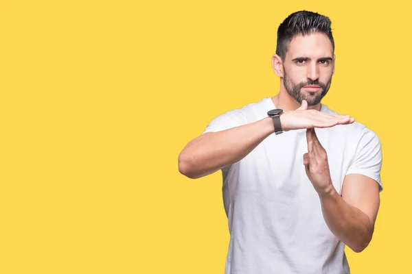 Hombre Guapo Vistiendo Camiseta Blanca Sobre Fondo Aislado Amarillo Haciendo —  Fotos de Stock