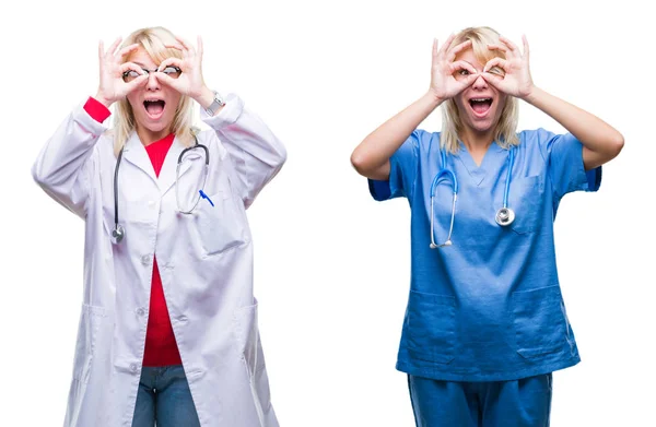白い孤立した背景の上に医師と看護師の女性のコラージュは 舌を突き出す双眼鏡のようなOkジェスチャーを行い 指を通して目を見ます クレイジー表現 — ストック写真